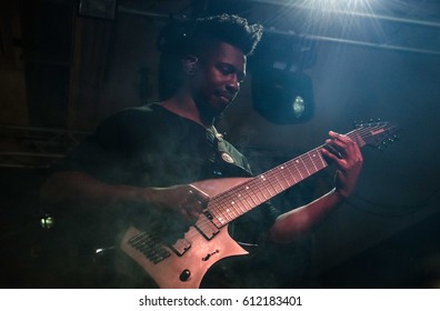 HONG KONG - February 21, 2017: American Instrumental Progressive Metal Band Animal As Leaders Show, Guitarist Tosin Abasi Performed On Stage