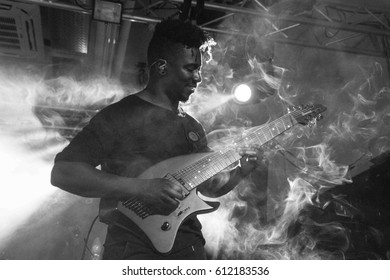 HONG KONG - February 21, 2017: American Instrumental Progressive Metal Band Animal As Leaders Show, Guitarist Tosin Abasi Performed On Stage