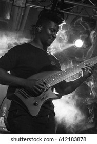 HONG KONG - February 21, 2017: American Instrumental Progressive Metal Band Animal As Leaders Show, Guitarist Tosin Abasi Performed On Stage