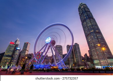 The Hong Kong Ferris Wheel In Sunset.