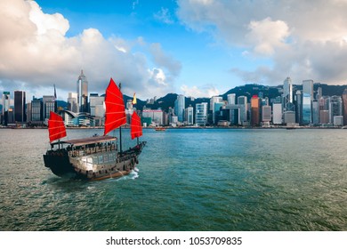 Hong Kong harbour with tourist junk, Hong Kong China