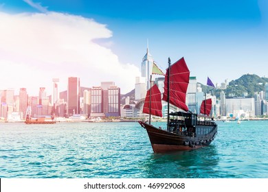 Hong Kong Harbour With Tourist Junk