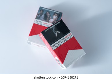 Hong Kong, Hongkong - May 20, 2018: Warning Label Packaging On All Cigarette And Tobacco Products. This Came Into Effect In October 2007.