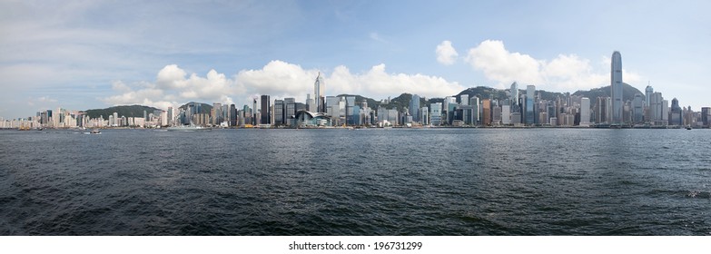 Hong Kong Island Central City Skyline Along Victoria Harbor Daytime Panorama