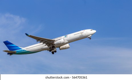 HONG KONG - JAN 23, 2017: Garuda Indonesia Airplane Departing From The Hong Kong International Airport. Garuda Indonesia Is The National Airline Of Indonesia.