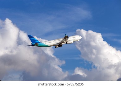 HONG KONG - JAN 23, 2017: Garuda Indonesia Airplane Departing From The Hong Kong International Airport. Garuda Indonesia Is The National Airline Of Indonesia.