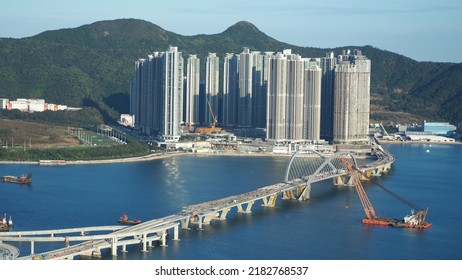 HONG KONG, HONG KONG - Jan 30, 2022: A Beautiful View Of The Cross Bay Bridge Under Construction Connecting 2 Parts Of Hong Kong