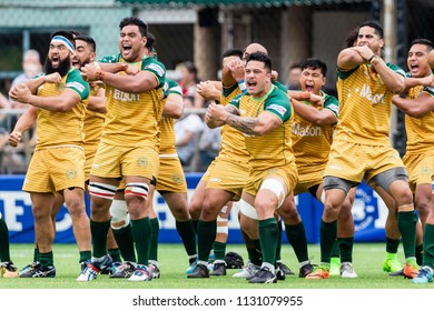 Hong Kong - July 07 2018: The Cook Islands squad performs a haka prior the Rugby World Cup Qualification 2019 Play-Off match between Hong Kong vs Cook Islands at Hong Kong Football Club.