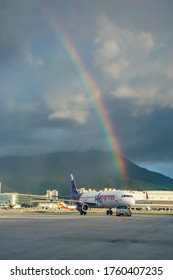 Hong Kong, June 20, 2020,  HK Express Aircraft On Towing With Rainbow On The Sky  