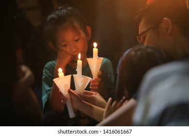 Hong Kong, June 4 2019: People Join The Memorials For The Tiananmen Square Protests Of 1989 In Victoria Park