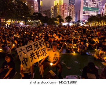 HONG KONG - JUNE 4 2019: Sea of candle during the 30th Anniversary for Tiananmen Masscre in 1989. Candlelight Vigil is held at Victoria Park, Hong Kong every year since 1990.