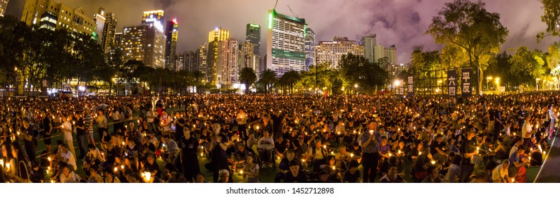 HONG KONG - JUNE 4 2019: Sea of candle during the 30th Anniversary for Tiananmen Masscre in 1989. Candlelight Vigil is held at Victoria Park, Hong Kong every year since 1990.