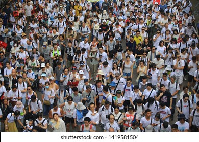 Hong Kong- June 9 2019: the crowd protest in the rally. More than 150,000 protesters took to the streets of Hong Kong Sunday to oppose a controversial extradition bill 