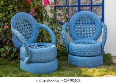 HONG KONG - MAR 20, 2014: Garden chairs made from recycled materials displayed in the Hong Kong Flower Show. It is a major event organized to promote horticulture and the awareness of greening.
