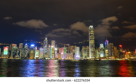 Hong Kong - Mar 31, 2017. Cityscape Of Hong Kong At Night. The Hong Kong Stock Exchange Is The Sixth Largest In The World, With A Market Capitalisation Of About USD 2.97 Trillion.