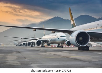 Hong Kong, March 12th 2020, Due To  Coronavirus, Aircraft Fleet Parked At Taxiway Of Hong Kong International Airport