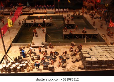 HONG KONG, MARCH 22, 2012: Model showing destruction of opium at Humen in 1839, event which provided casus belli for Great Britain to declare war on Qing China. Hong Kong Science Museum, Kowloon.