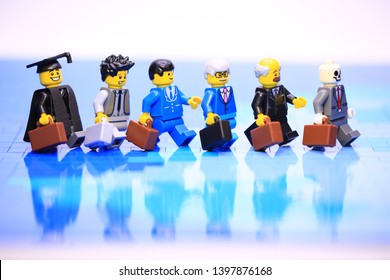 Hong Kong, May 2 2019 : lego mini characters worker and the bricks set. Lego minifigure are the successful line in Lego products 