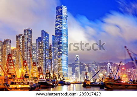Hong Kong at night, office buildings background