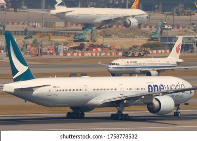 HONG KONG - NOVEMBER 10, 2019: Cathay Pacific Boeing 777 One World Alliance Livery On Start Position Before Departure From Chek Lap Kok International Airport, Hong Kong,.