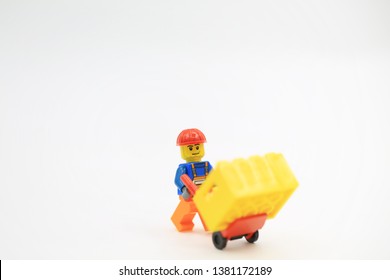 Hong Kong, Novenmber 2 2018 : workers lego mini characters from different genation which are isolated on white in hong kong. Lego minifigure are the successful line in Lego products 