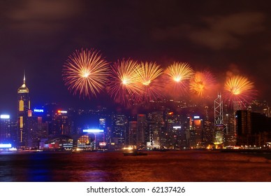HONG KONG - OCT 1 : Fireworks for celebration of  Chinese national day at the Victoria Harbor on Oct 01, 2010 in Hong Kong, China
