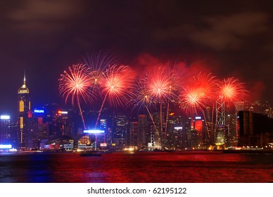 HONG KONG - OCT 1 :  Fireworks for celebration of  Chinese national day at the Victoria Harbor on Oct 01, 2010 in Hong Kong China