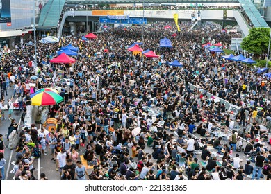 Hong Kong - October 1 2014: Hong Kong Occupy Central Protests. Protesters Gather In The Streets Outside The Hong Kong Government Complex In Admiralty, Hong Kong. 