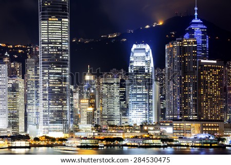 hong kong office buildings at night, shoot from kowloon side