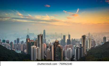 Hong Kong Panorama View from The Peak during Sunrise, Hong Kong, People's Republic of China