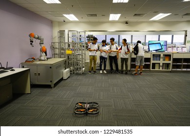 The Hong Kong Polytechnic University, Kong Kong - 6 October 2018: Students Testing And Doing Research On Drone In The Lecture Room.