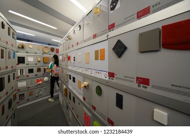 The Hong Kong Polytechnic University, Kong Kong - 6 October 2018: Capturing The Design Material Room That Presenting All The Available Raw Materials For Students Of Faculty Design To Use For Project.