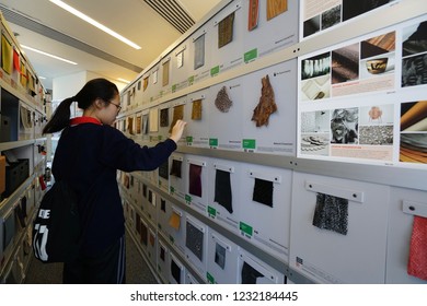 The Hong Kong Polytechnic University, Kong Kong - 6 October 2018: Capturing The Design Material Room That Presenting All The Available Raw Materials For Students Of Faculty Design To Use For Project.