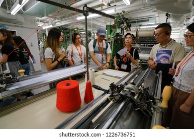 The Hong Kong Polytechnic University, Hung Hom, Kowloon, Kong Kong - 6 October 2018: Visitor Visiting The Mock Textiles Factory In Campus For Fashion And Textiles Students.