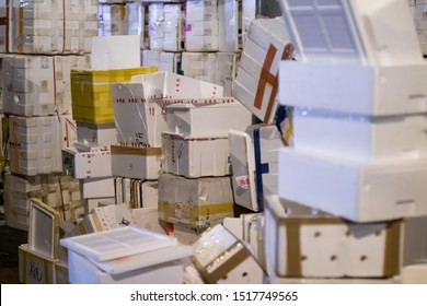 Hong Kong - September 25 2019: Huge pile of styrofoam / polystyrene material boxes in Hong Kong