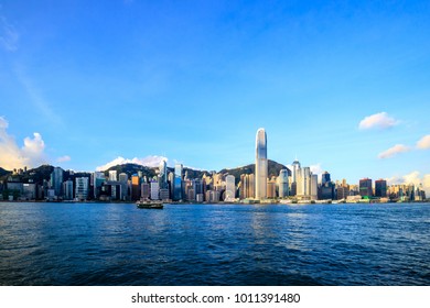 Hong Kong Skyline Cityscape And Victoria Harbour View At Day Time (morning)