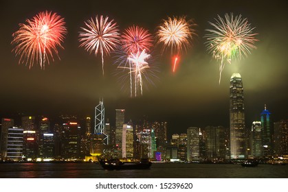 Hong Kong Skyline With A Firework Illustration