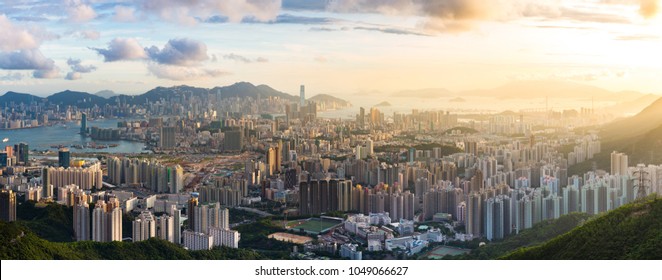 Hong Kong Skyline Kowloon from Fei Ngo Shan hill or Kowloon Viewing Point sunset panorama - Powered by Shutterstock