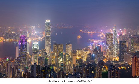 Hong Kong skyline at night. View from Victoria Peak.