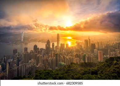 Hong Kong Skyline On Sunrise