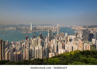 Hong Kong Skyline From The Peak Daytime Blue Sky