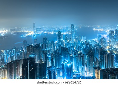 Hong Kong Skyline View From Victoria Peak Before Sunrise.