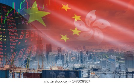 Hong Kong stock exchange market trading graph business crisis red price down chart fall finance economy Free Hong Kong from china effects of Protest rally extradition bill and trade wars export import