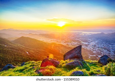 Hong Kong Sunrise On Mountain 