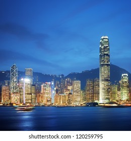 Hong Kong, Victoria Harbour At Night.