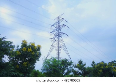 Hong Kong View: Outdoor Electricity Tower With Wires And Blue Sky In The Nature