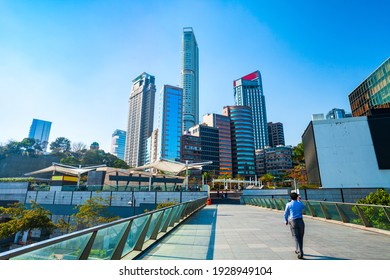 Hong Kong waterfront promenade skyline. Hong Kong is a city and special administrative region of China.