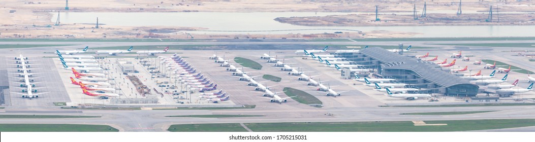 Hong Kong-14April2020: Planes Sit Parked At Hong Kong International Airport After Hong Kong-based Airline Companies Reduced Their Passenger Capacity Due To The Ongoing Coronavirus (COVID-19) Pandemic.