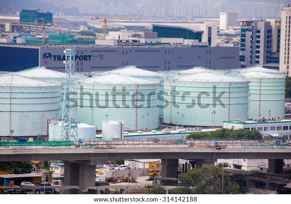 HONG KONG,CHINA AUG\
27: Aviation Fuel Tank Farm where a large amount of flammable jet\
fuel is stored, view from ngong ping cable car. August 27, 2015 in\
Hong Kong, China