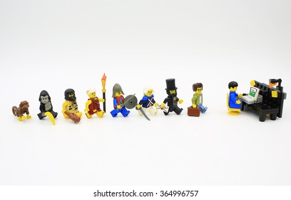 HONG KONG,JAN 15: The Lego Minifigure Figures From Different Sets That Illustrates The Human Evolution In Studio On 15 January 2016.Lego Minifigure Are The Successful Line In Lego Products In Denmark.